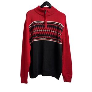 Chaps XL Red and Black Nordic Hygge Sweater Cabincore Fisherman 100% Cotton
